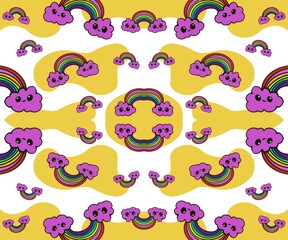 hand drawn cartoon pattern rainbow and clouds white background seamless