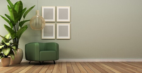 Modern scanidnavian interior with mock up photo frame, 3d Rendering