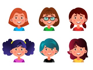 Avatars of girls with different hairstyles. Different teen girls portraits collection