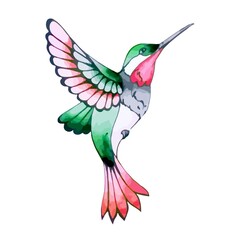 Obraz na płótnie Canvas Colorful hummingbird in flight with bright feathers. Flying exotic hummingbird for spring and summer design. Small tropical bird in watercolor style. Natural decoration. Vector isolated illustration