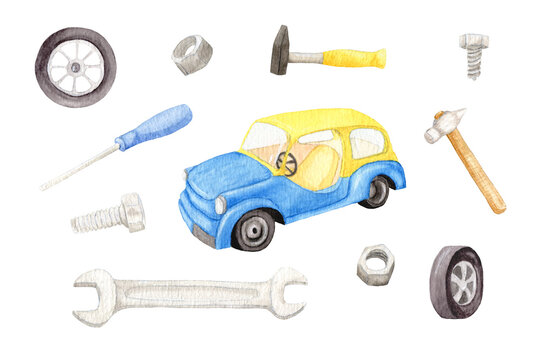 Watercolor set with hand tools for a car and a blue yellow car. Hammer, nut and screwdriver. Childrens watercolor set of stickers for boys.