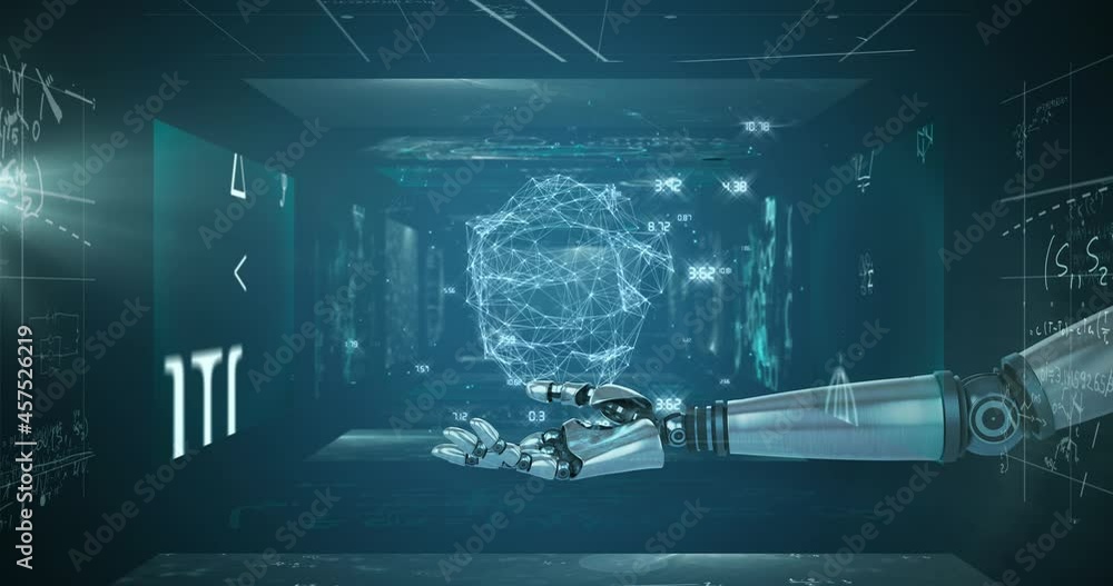 Aufkleber globe of network of connections over robotic hand against screens with mathematical equations