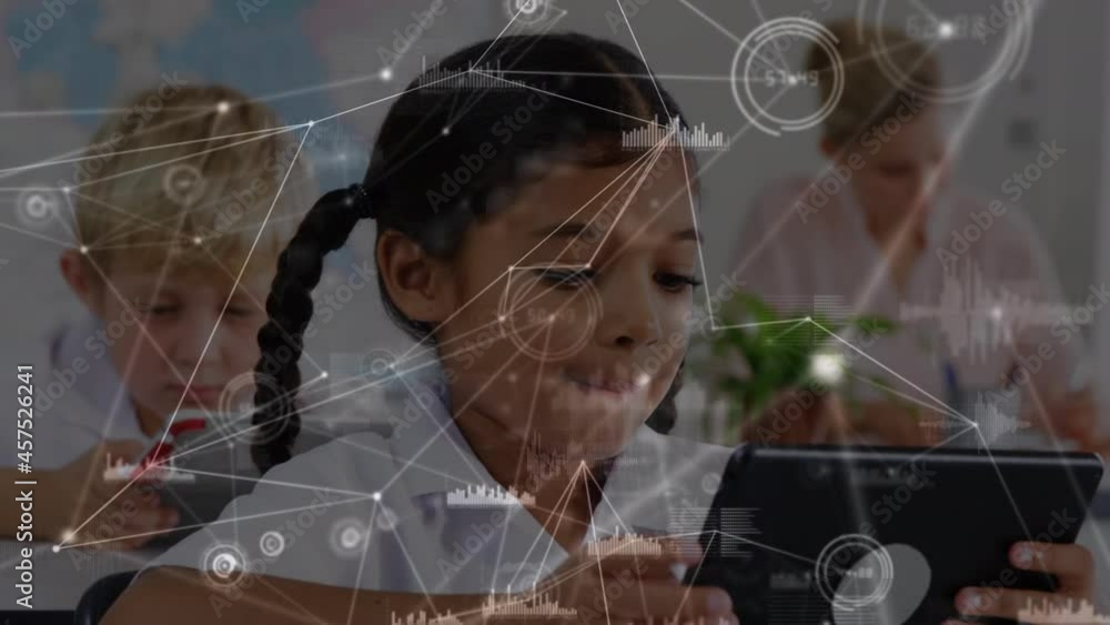 Poster network of connections and data processing against girl using digital tablet at elementary school