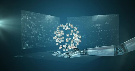 Globe of network of businesspeople over robotic hand against screens with mathematical equations - Powered by Adobe