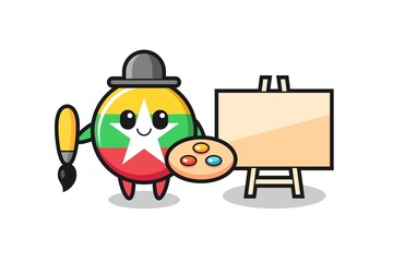 Illustration of myanmar flag badge mascot as a painter