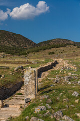 Fototapeta na wymiar トルコ　ヒエラポリス・パムッカレのヒエラポリス遺跡の石柱