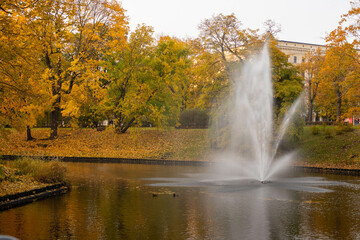 A panoramic view of a water channel in a park in Riga 