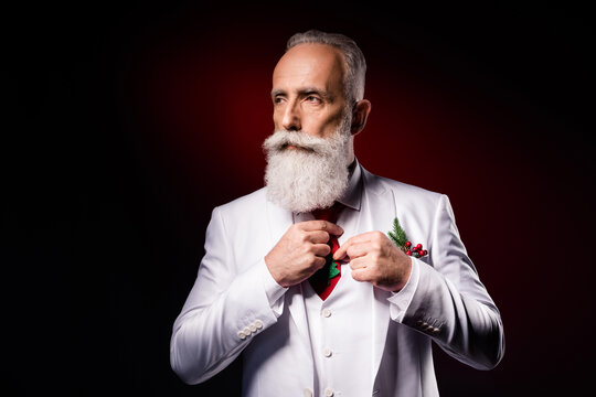 Profile side photo of mature man serious look empty space correct tie suit isolated over dark color background