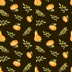 Watercolor autumn pattern with orange pumpkins and leaves on a black background. Autumn design for Thanksgiving and Halloween celebrations. For packing paper, stationery and congratulations.