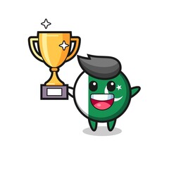 Cartoon Illustration of pakistan flag is happy holding up the golden trophy