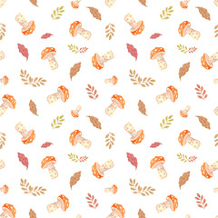 Watercolor autumn mushroom seamless pattern. Pattern with amanita mushrooms and tree leaves on a white background. Autumn design for packaging, wrapping paper, stationery and scrapbooking.