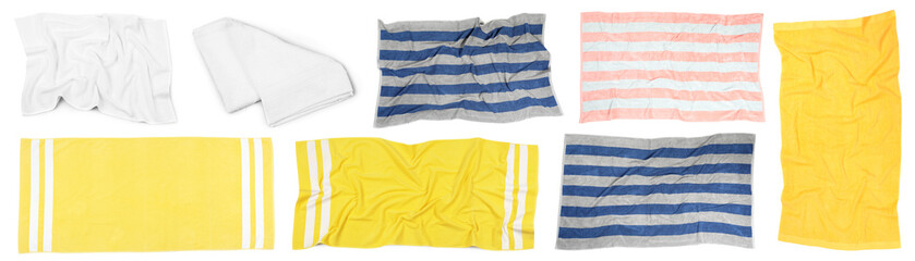 Set with different beach towels on white background, top view. Banner design