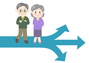 岐路に立つシニア夫婦のイラスト