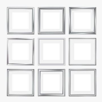 Set of silver picture frames, square format. Vector illustration isolated on white background, EPS 10