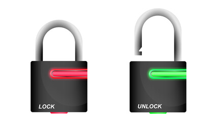 Lock and unlock padlock isolated on white background