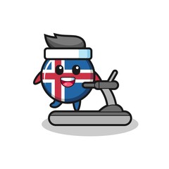 iceland flag cartoon character walking on the treadmill