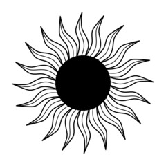 Hand drawn mystical Sun in line art. Spiritual symbol celestial space. Magic talisman, antique style, boho, tattoo, logo. Vector illustration isolated on white background.