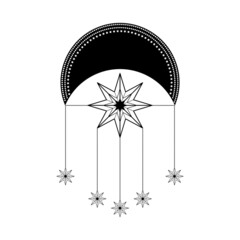 Hand drawn mystical Moon with stars in line art. Spiritual symbol celestial space. Magic talisman, antique style, boho, tattoo, logo. Vector illustration isolated on white background.
