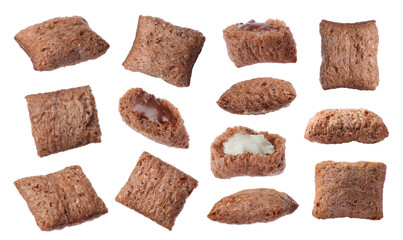 Set with sweet crispy corn pads on white background