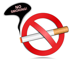 3d no smoking sign with cigarette illustration and no smoking text. Three dimensional smoking prohibited symbol design on white background.
