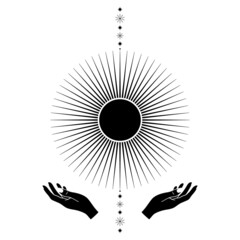 Hand drawn mystical Sun with woman hands and stars in line art. Spiritual symbol celestial space. Magic talisman, antique style, boho, tattoo, logo. Vector illustration isolated on white background.