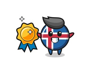 iceland flag mascot illustration holding a golden badge