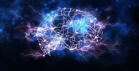 Illustration of human brain on dark background. Banner design