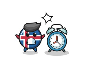 Cartoon Illustration of iceland flag is surprised with a giant alarm clock
