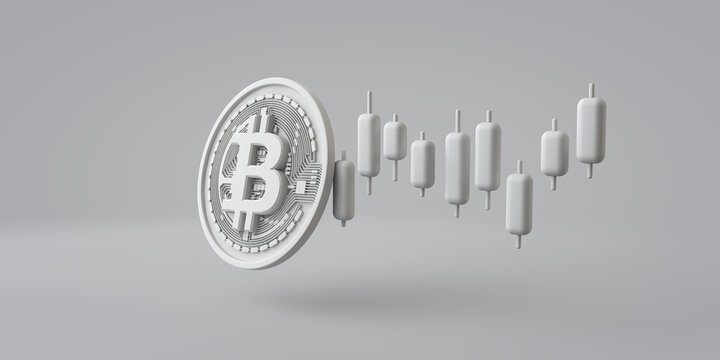 A white bitcoin cryptocurrency coin with stock market trading graph. 3D Rendering
