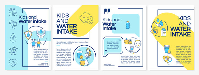 Fototapeta na wymiar Kids and water intake blue, yellow brochure template. Flyer, booklet, leaflet print, cover design with linear icons. Vector layouts for presentation, annual reports, advertisement pages