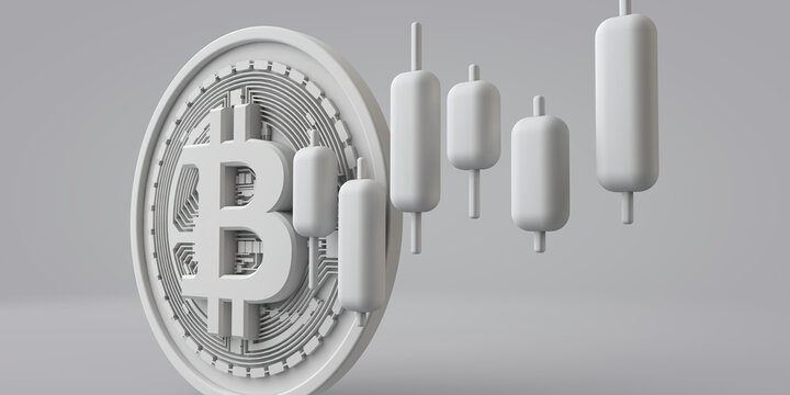 A white bitcoin cryptocurrency coin with stock market trading graph. 3D Rendering