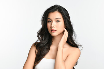 Beautiful young asian woman with clean fresh skin on white background, Face care, Facial treatment, Cosmetology, beauty and spa, Asian women portrait.