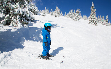 Fototapeta na wymiar toddler boy in helmet, glasses and blue winter coveralls on skis in beautiful snow-capped mountains. Winter active entertainment for children. Skiing lesson at an alpine school. It's cold, sunny