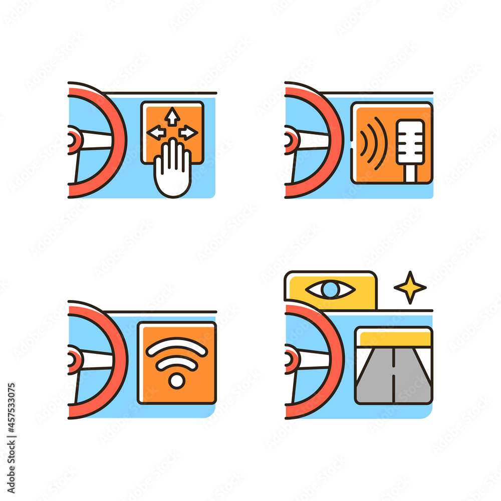 Poster advanced car technologies rgb color icons set. gesture control. digital voice assistance. built in w