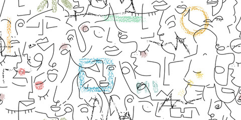 One line drawing. Abstract face seamless pattern.
