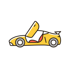Car with butterfly doors RGB color icon. High-performance sports vehicle. Supercar modifications. Unique door design. Moving upward, outward. Isolated vector illustration. Simple filled line drawing