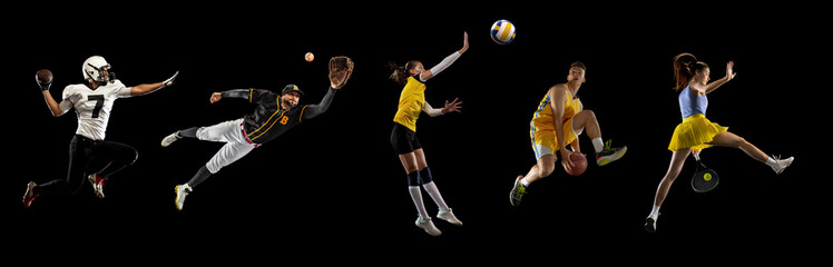 Sportsmen playing basketball, tennis, soccer footbal, volleyball isolated on black background....