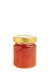 Peach jam jar isolated on white background.