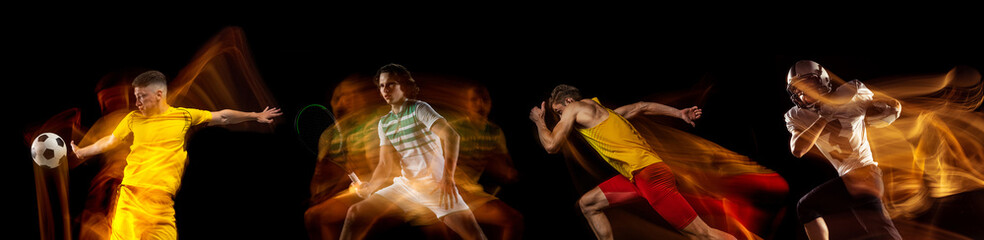Sportsmen playing basketball, tennis, soccer football, gymnastics on black background in mixed...