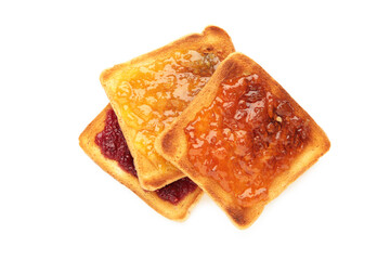 Fresh toast with butter and different jams isolated on white background.