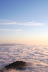 淡い色合いの青空の下に雲海の広がる風景。雲の間から見える山。ふんわりとした優しい雰囲気。