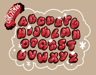Christmas cartoon letters font. Kids red alphabet