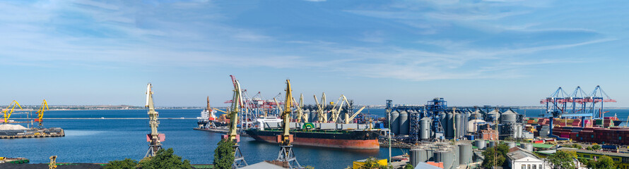 Port panorama, ship loading, harbor cranes and granaries in the cargo seaport
