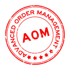 Grunge red AOM (Abbreviation of Advanced order management, add on module or assistant operation manager) word round rubber seal stamp on white background