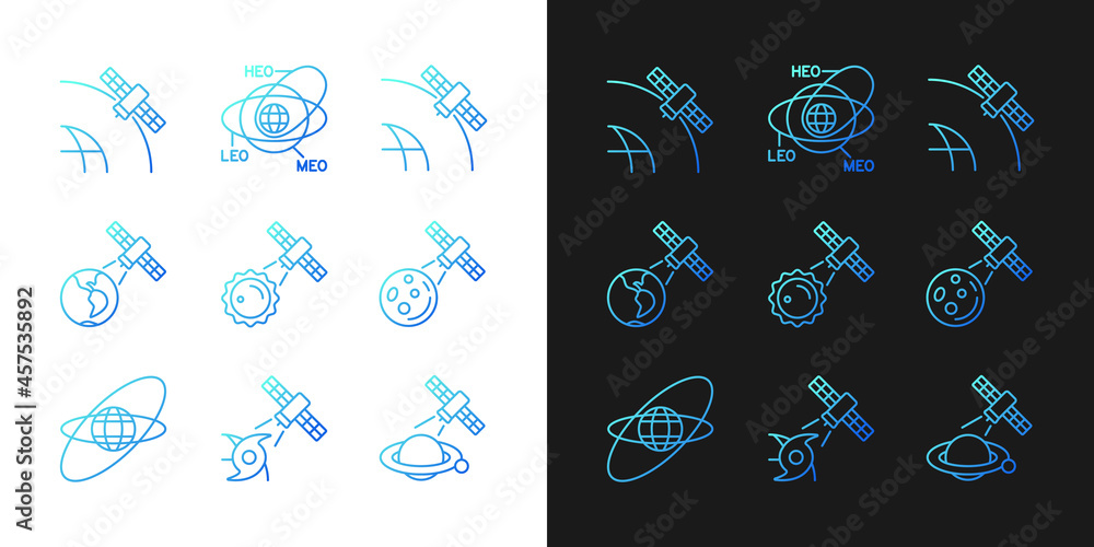 Poster satellites functions gradient icons set for dark and light mode. thin line contour symbols bundle. i