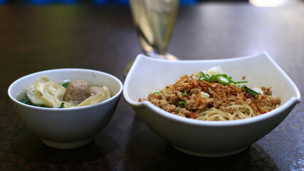 Indonesian Meatball and Noodle Soup or mie ayam baso.