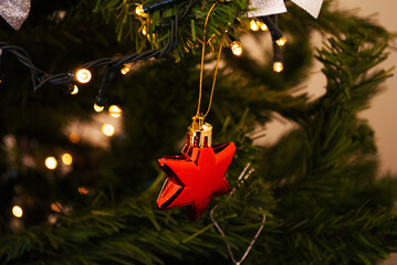 christmas decor, toys, bows, glass balls, bokeh, background, toys, merry christmas, happy new year. 2022. Lights, sparkles and glare, snow. 