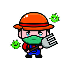cute farmer cartoon character illustration vector graphic