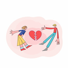 Young people, teenagers, couple of girl and boy, stand on abstract background, sad and angry on each other. Breaking up, relationship issues, broken heart, separating concept