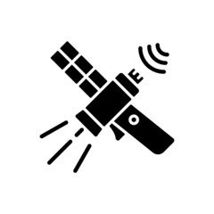 Communications satellite black glyph icon. Transmiting signal satelite. Global telecommunications network connection. Silhouette symbol on white space. Vector isolated illustration